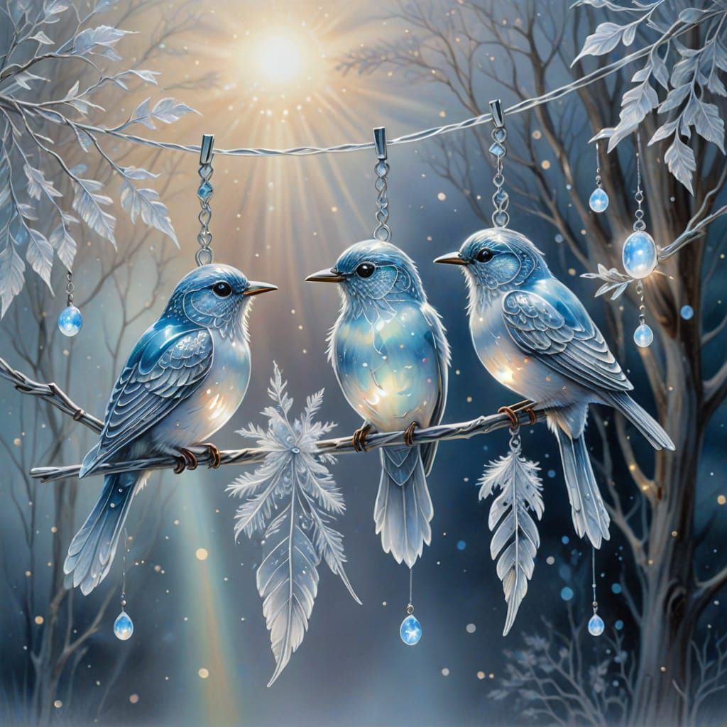 Crystal Birds on Silver Clothesline in Watercolor