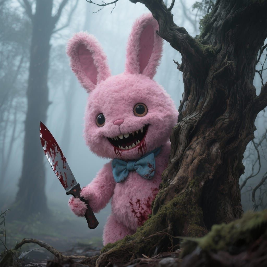 Pink Rabbit with Knife Lurking in Misty Forest