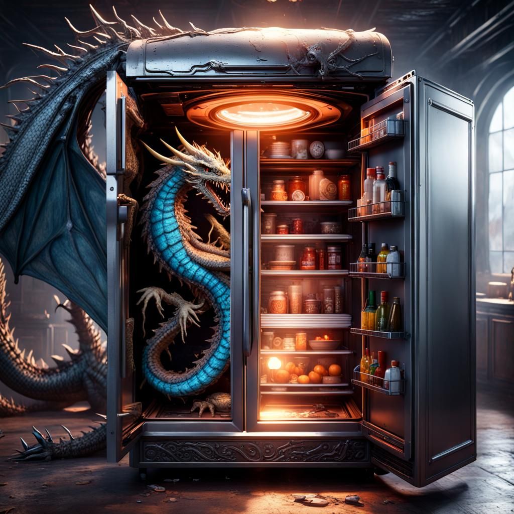 Dragon Emerges from Portal Refrigerator, Detailed Matte Pain...