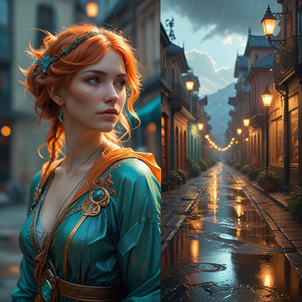 Stormy City vs Sunny Countryside Oil Painting