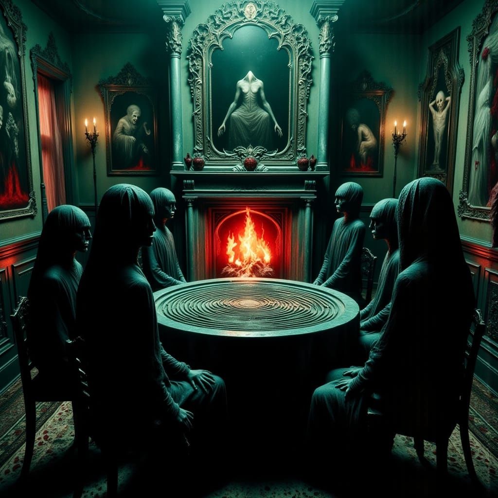 Victorian Seance with Trapped Spirit in Esoteric Surrealism