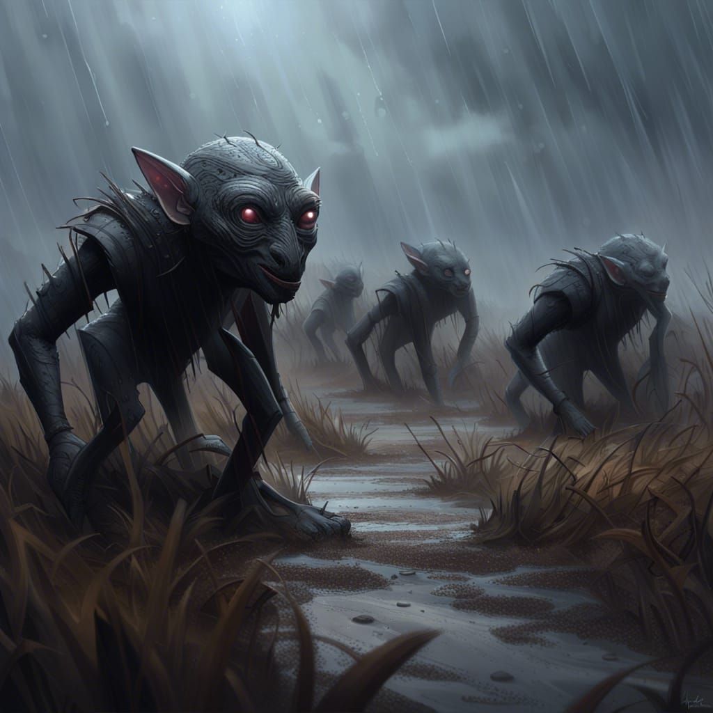 Rainy Mudfield Crawlers in Dark Fantasy Style