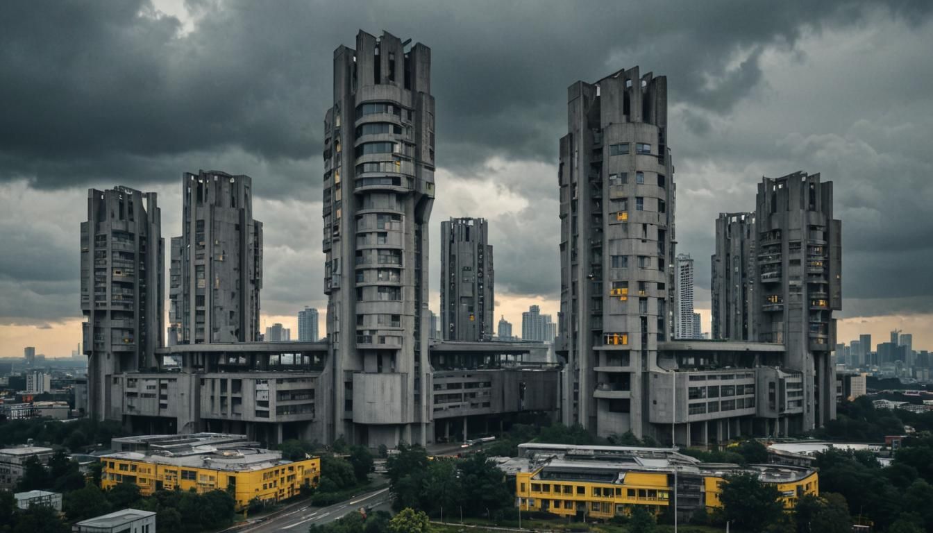 Futuristic Brutalist Structure with Stormy Sky