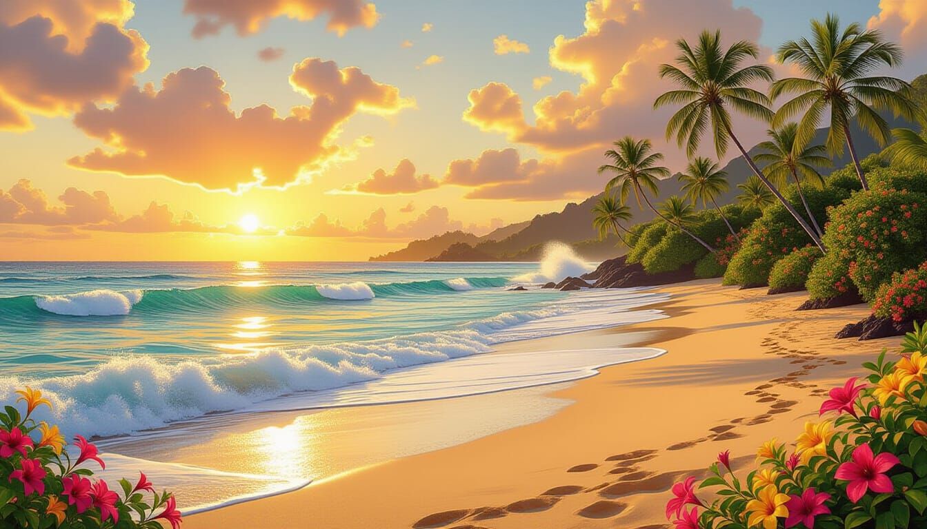 Apricot Sunset Waves on Tahitian Beach