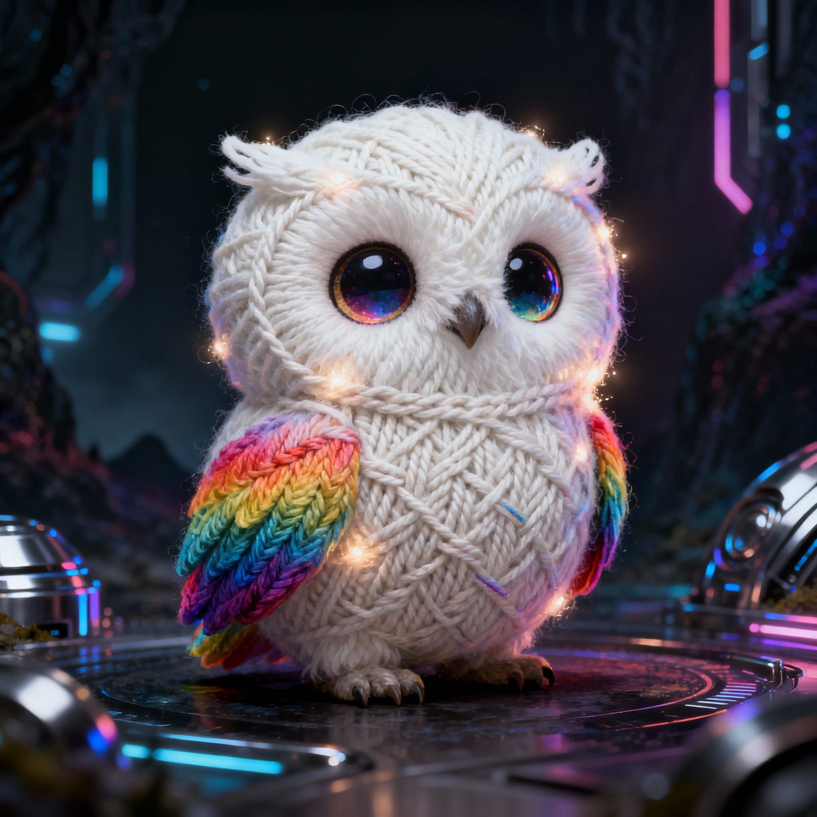 Tiny Knitted Owl Portrait in Whimsical Chibi Style