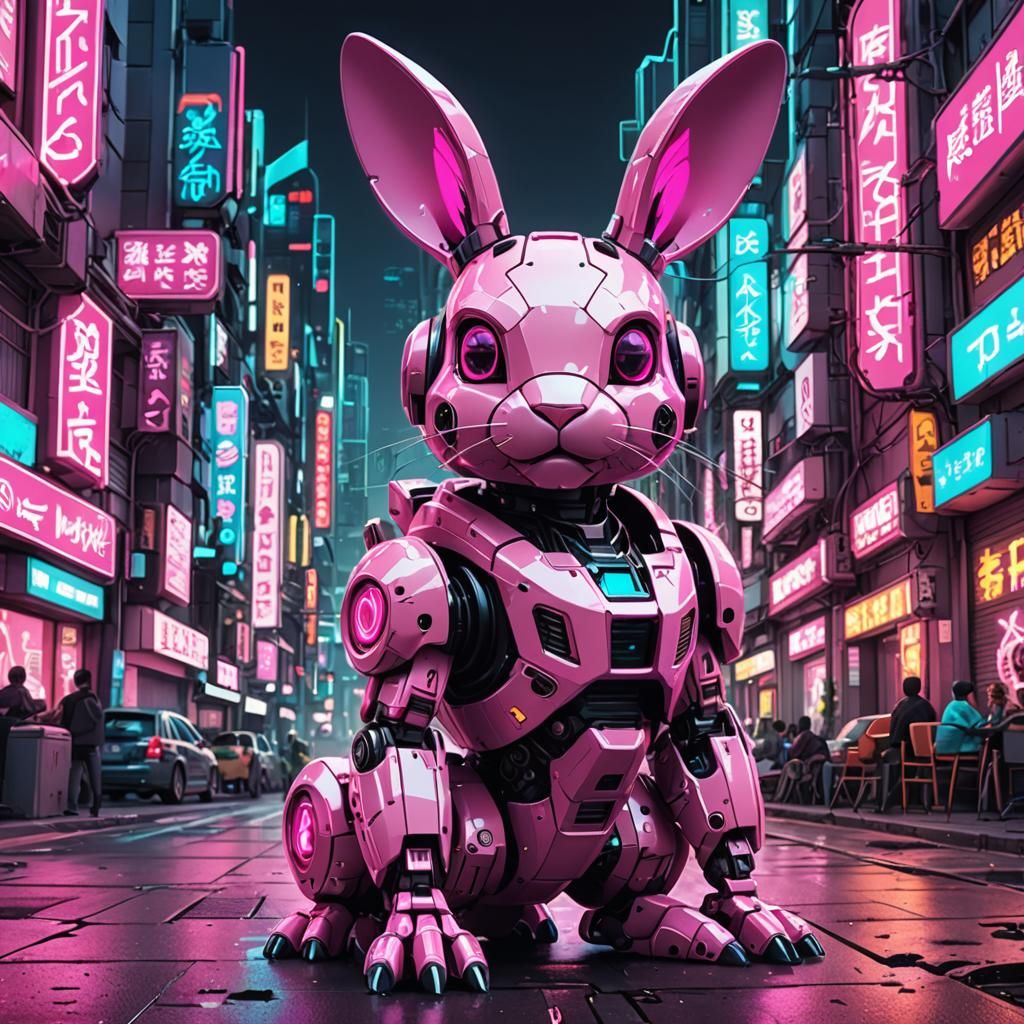 pink Robo-Cyborg bunny cute pet in a retro-futuristic neon city, retro-cyberpunk