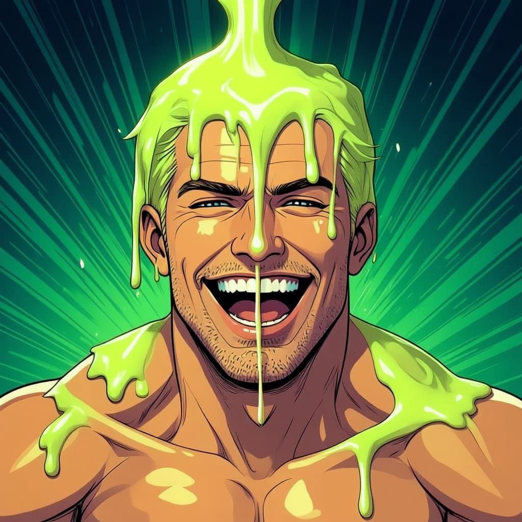Muscular Man Delighted by Lime Green Slime Shower