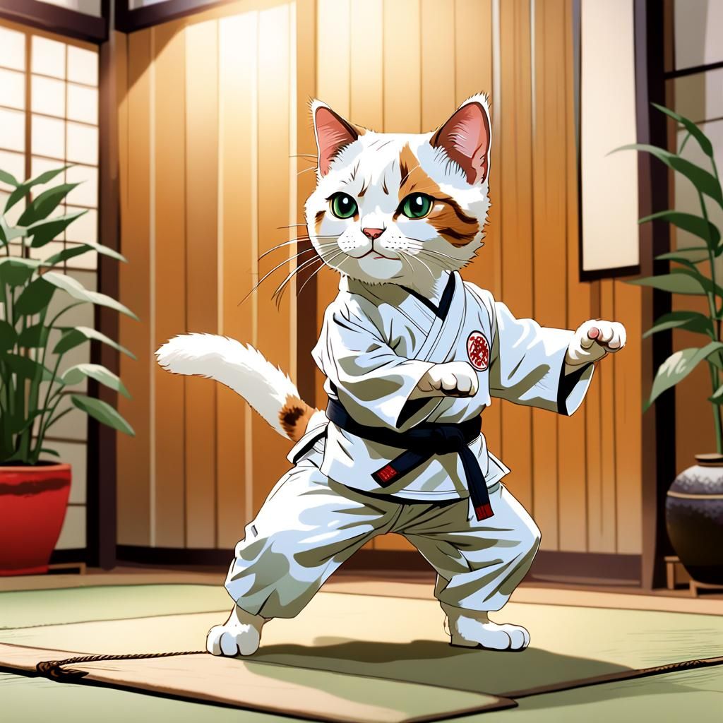 A nimble Japanese Bobtail cat with a white coat and calico patches is practicing martial arts in a dojo. The cat wears a...