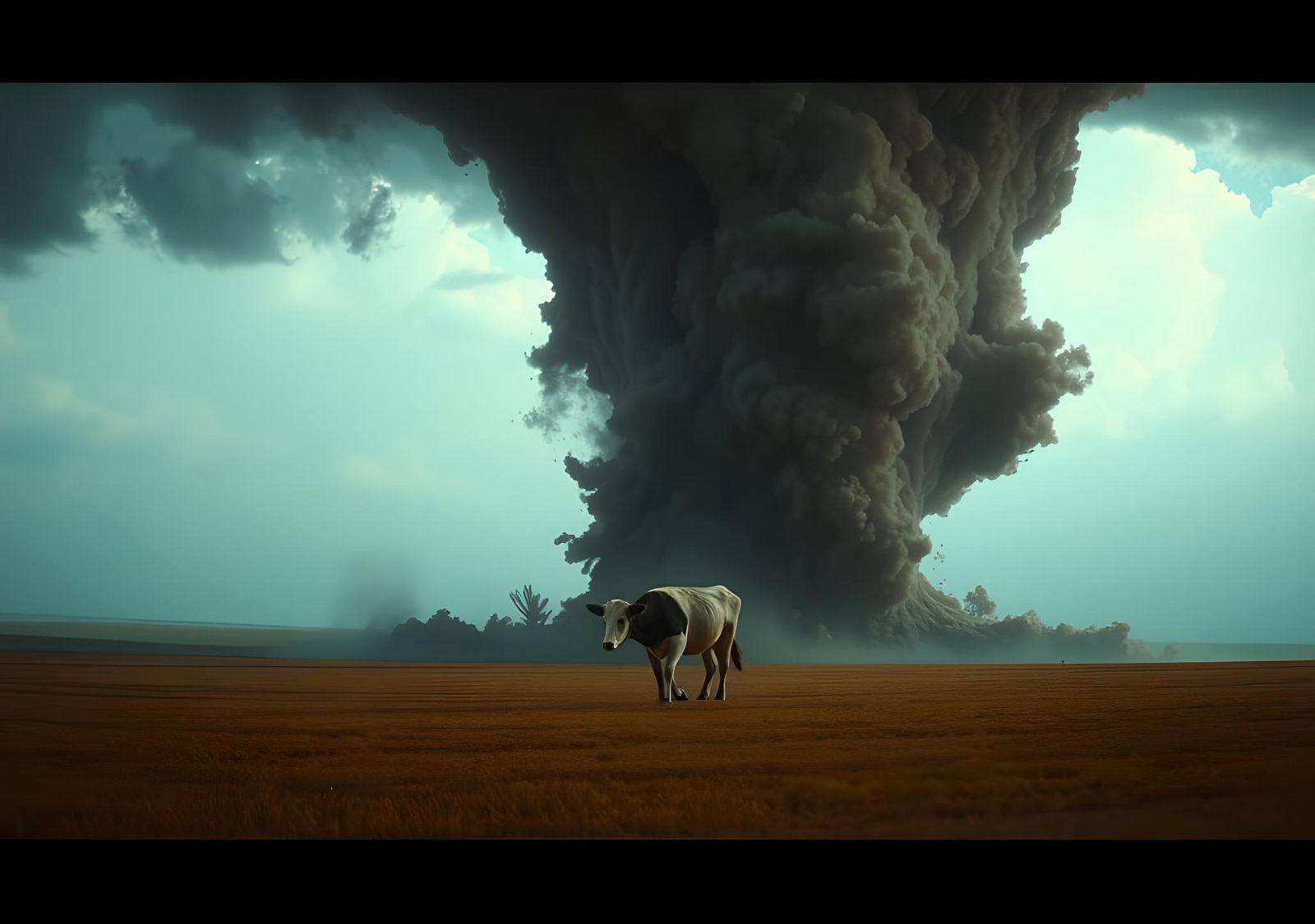 Dramatic Tornado Scene with Debris and Cow