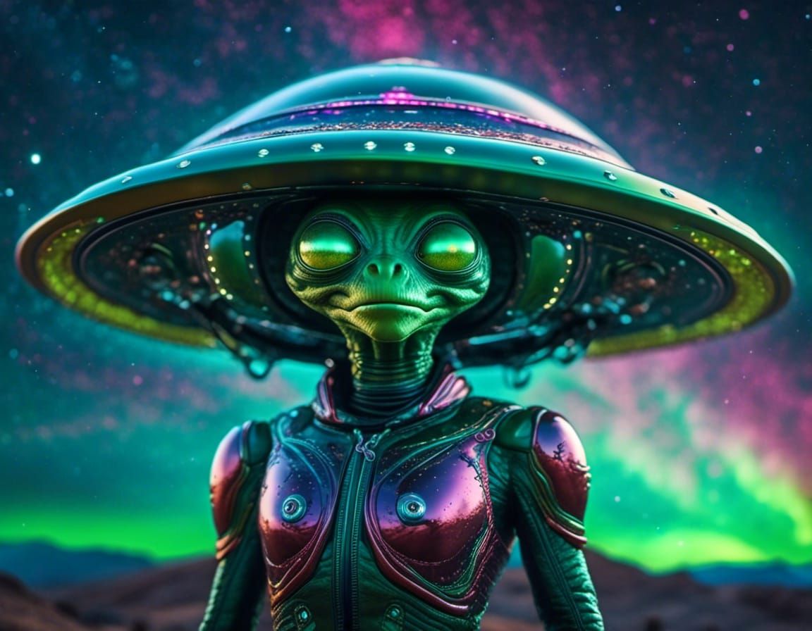 Green Alien Emerges from UFO in Pixar Style