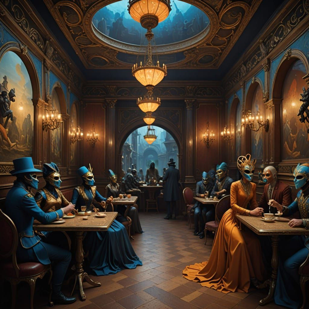 Ethereal Cafe Realm with Mysterious Masked Revelers