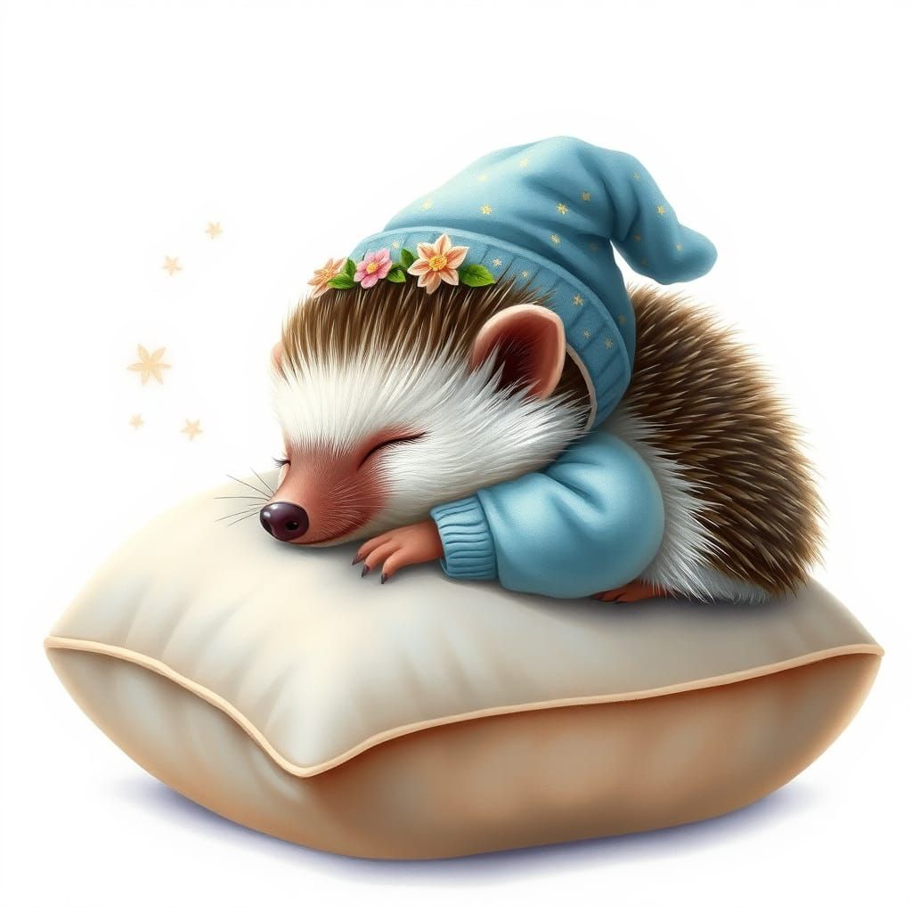 A WHIMSICAL REALISTIC IMAGE of a hedgehog sleeping on a pill...