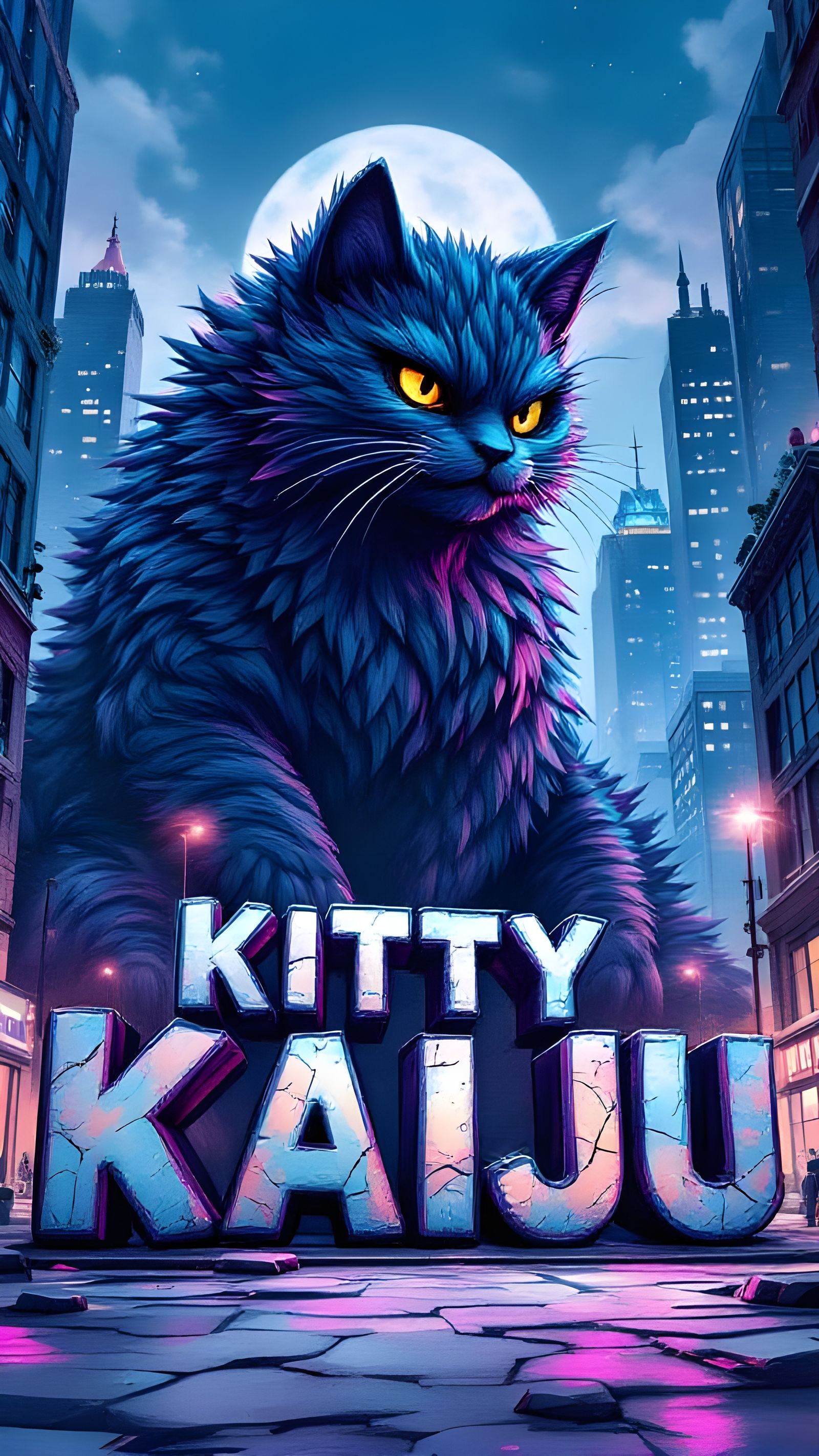 Giant Stylized Cat Kaiju in Retro Tiki Cartoon Style
