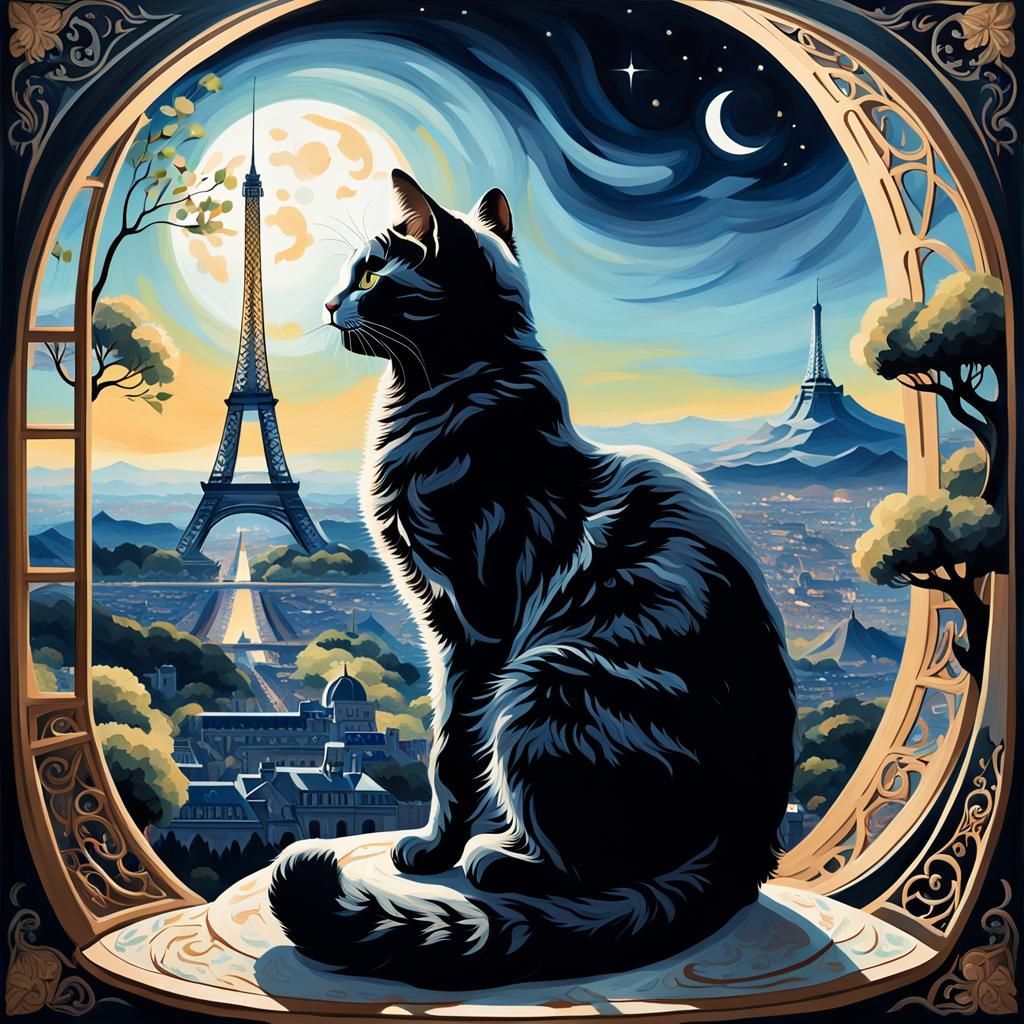 Cat Silhouette with Mountain Landscape and Eiffel Tower