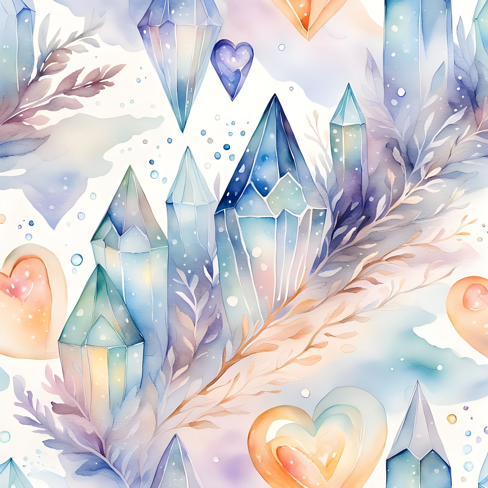 Magical Crystal Heart Contemplating Universe in Watercolor