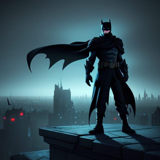 Batman Oversees Neon Gothic Cityscape in Dark Fantasy Concep...