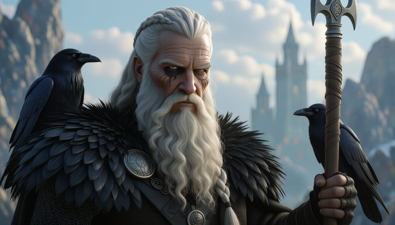 Odin and Ravens in Hyperrealistic Asgard
