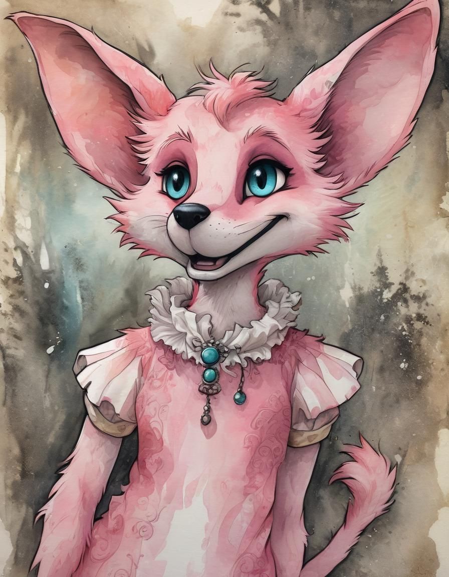 Pink Fox in Frilly Dress, Don Bluth Style