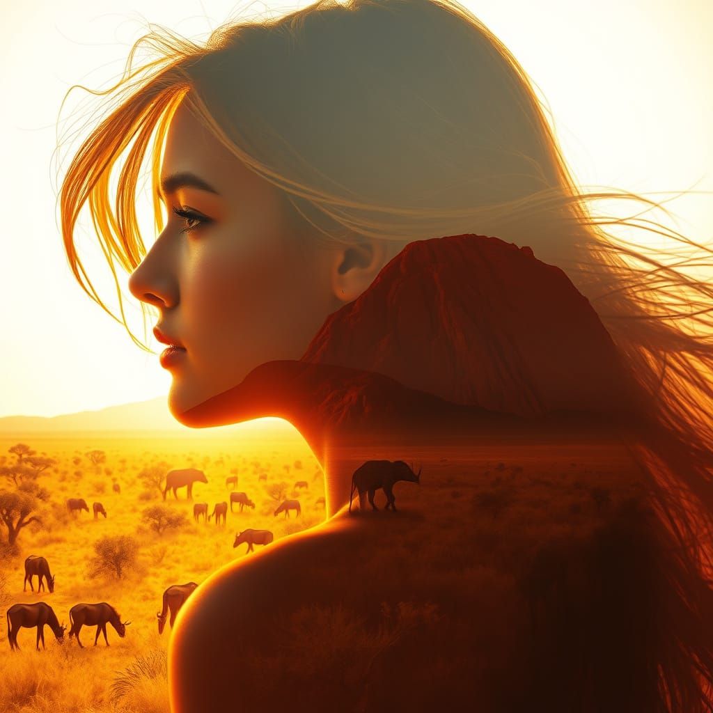 Woman and Savannah in Double Exposure Style