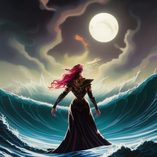 Warlock Woman Parting Waves: A Surreal Digital Painting