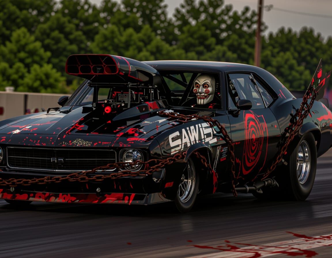Sinister Saw-Themed Dragster Speeds Down Track