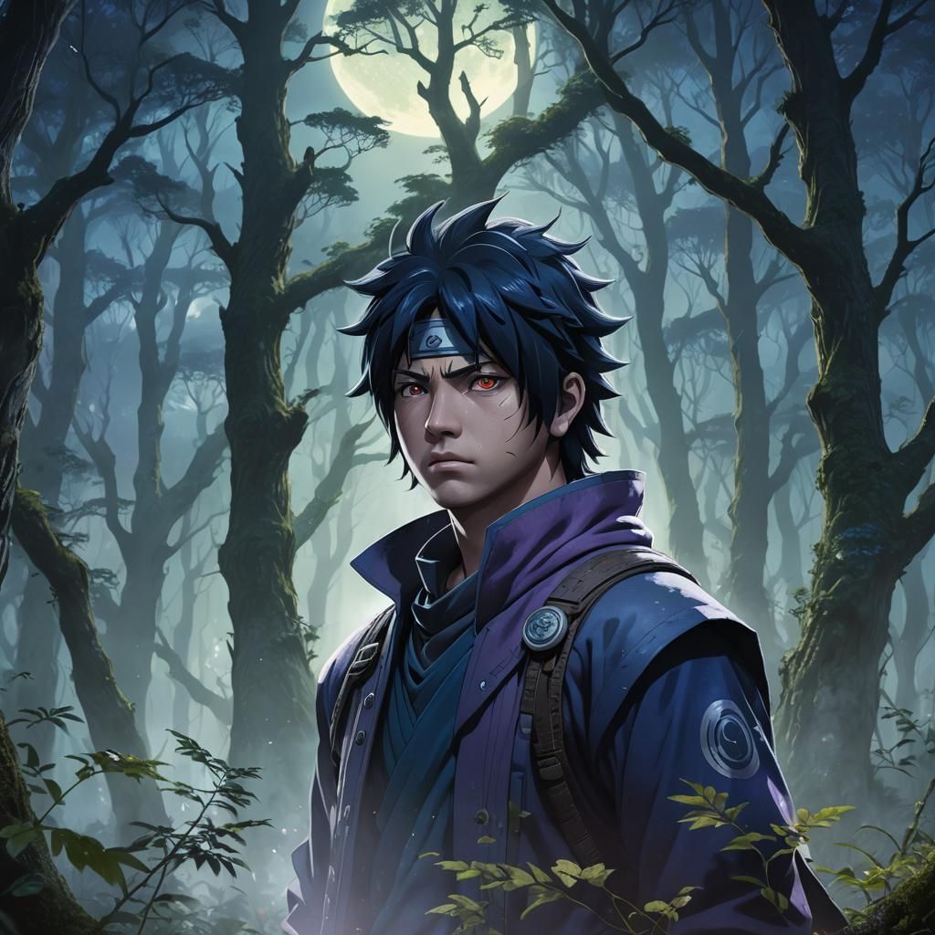 Sasuke Uchiha Portrait in Moonlit Forest, Fantasy Art