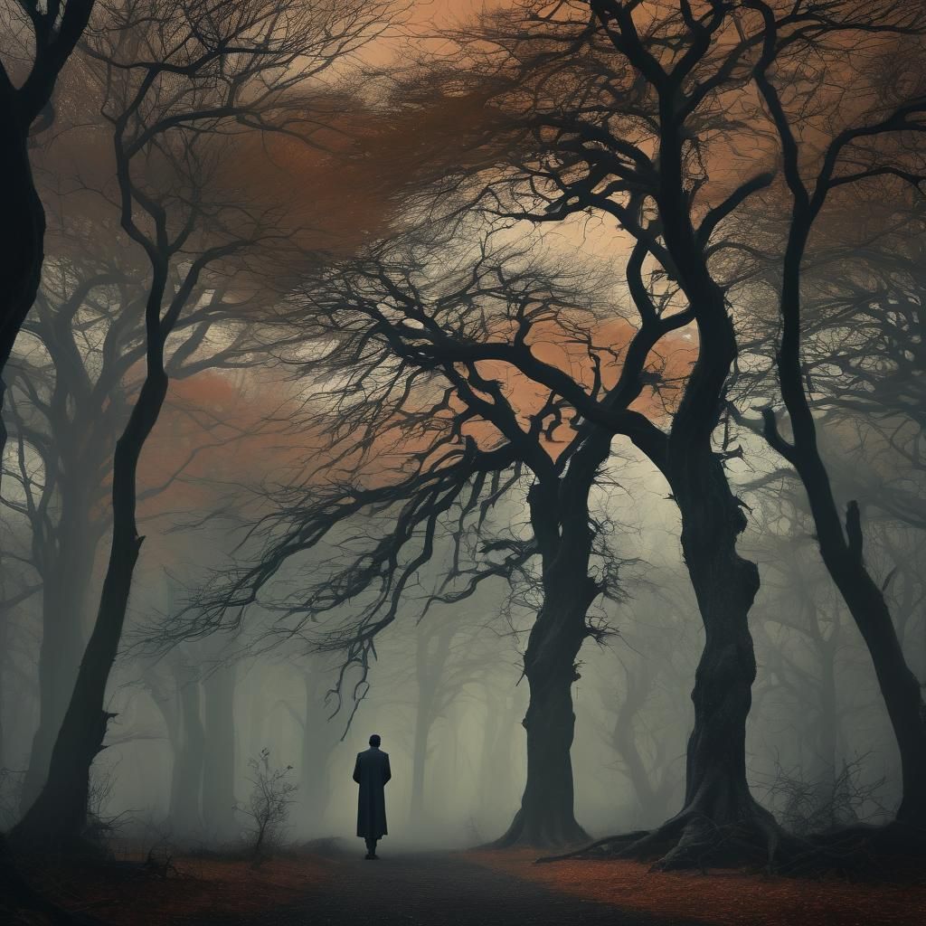 Mystical Figure in Misty Forest of Dark Surrealism