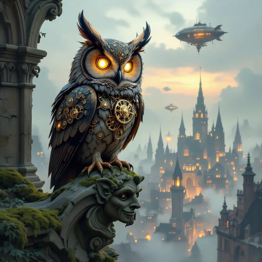 Clockwork Owl on Gargoyle in Misty Victorian City