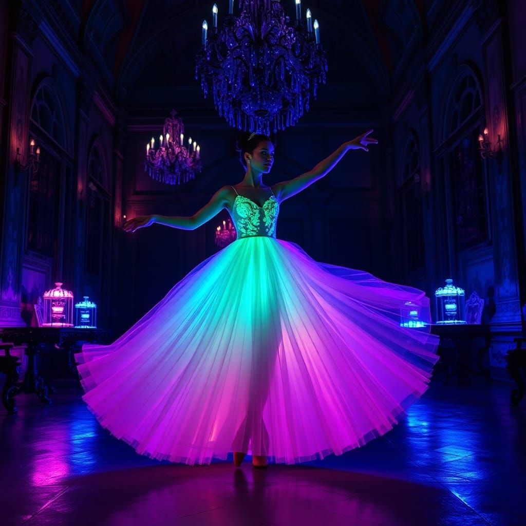 Ballerina's Fluorescent Dance in Neon-Lit Castle