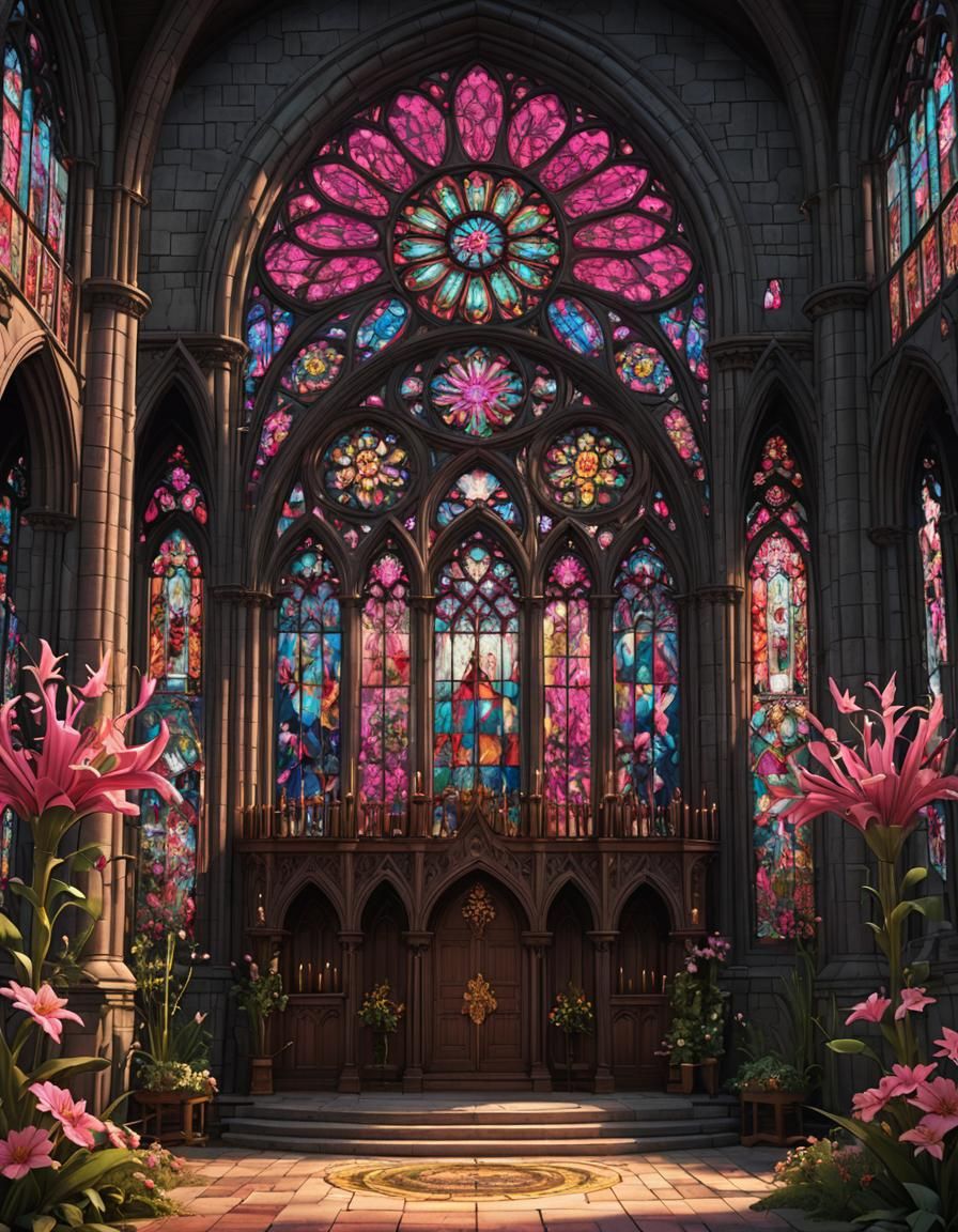 Stained Glass Church with Pink Altars: Fantasy Art