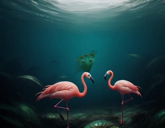 Hybrid Peacock Flamingo Flying Through Kelp Forest