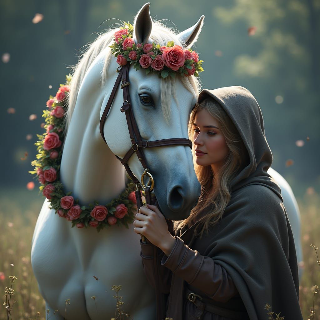 Romantic Medieval Fantasy: White Horse and Lady in Stormy La...