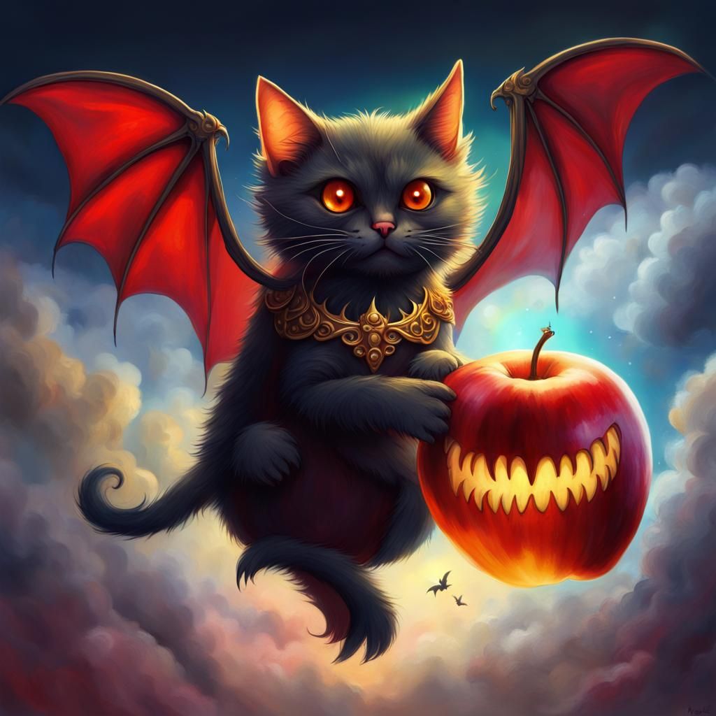 Flying Demon Cat with Golden Apple
