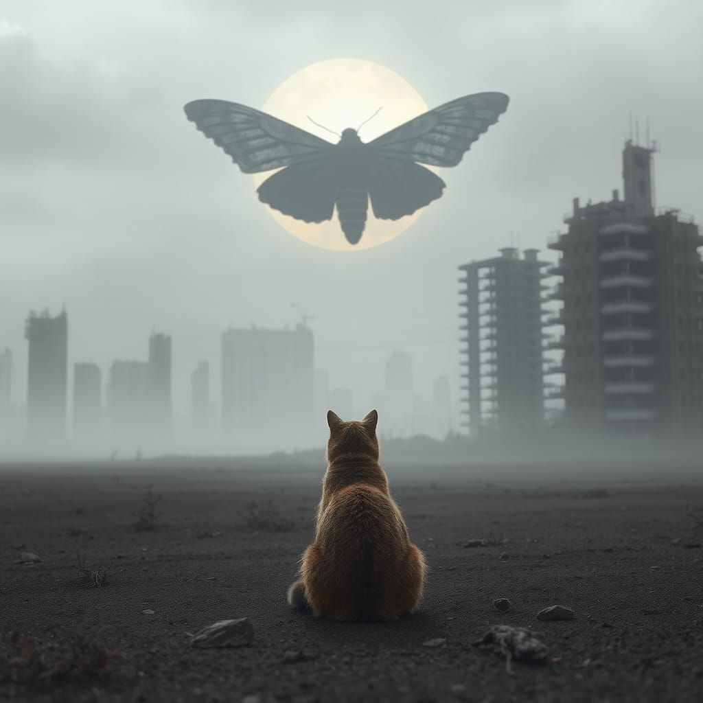 Cat Watches Apocalyptic Sunset in Detailed Matte Painting
