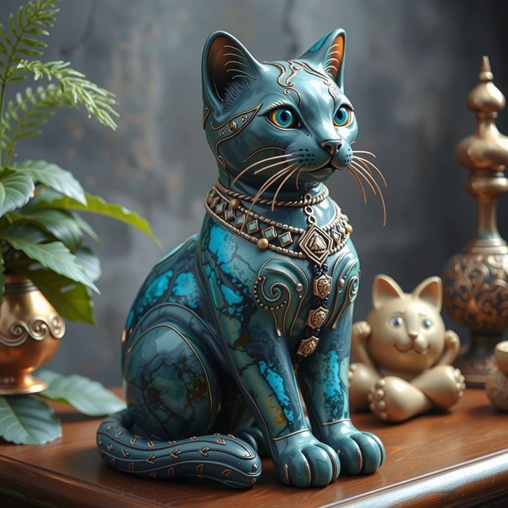 Turquoise Cat Sculpture: Mineral Feline Art