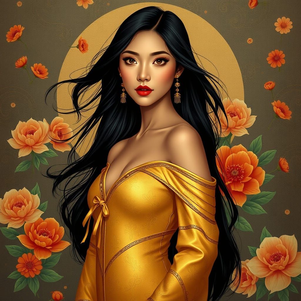 Elegant Young Woman in Golden Dress
