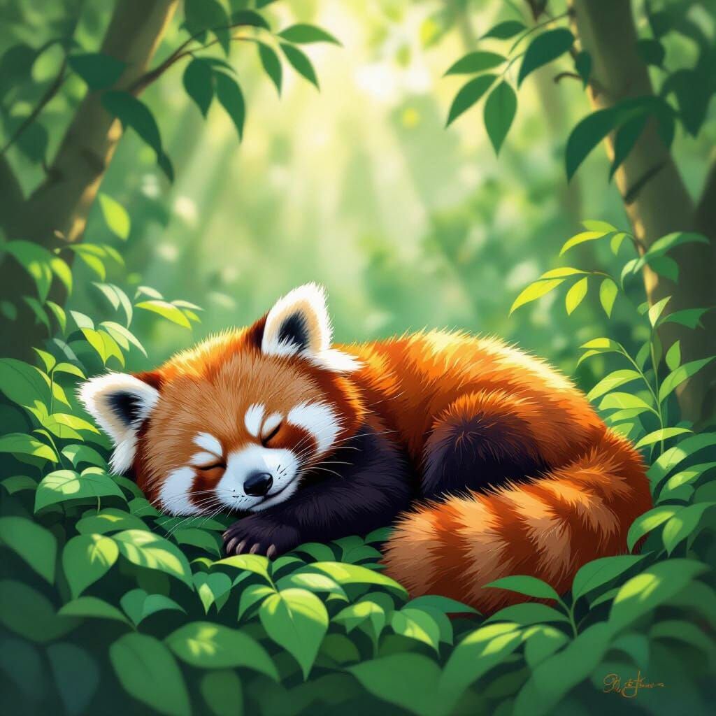 Fluffy Red Panda Sleeps Peacefully on Green Leaves