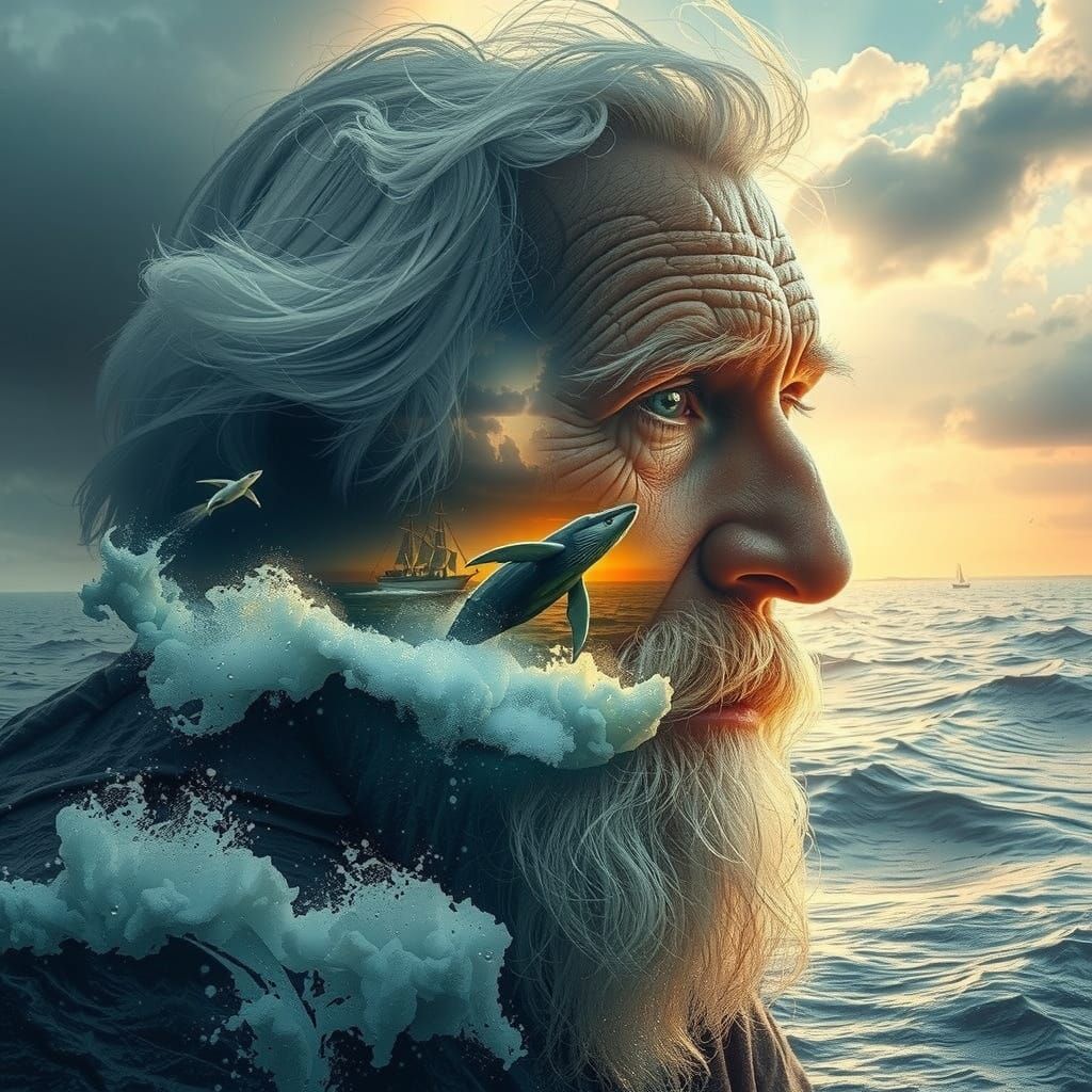 Hyper-Realistic Portrait of a Wise Sailor Merging with the O...