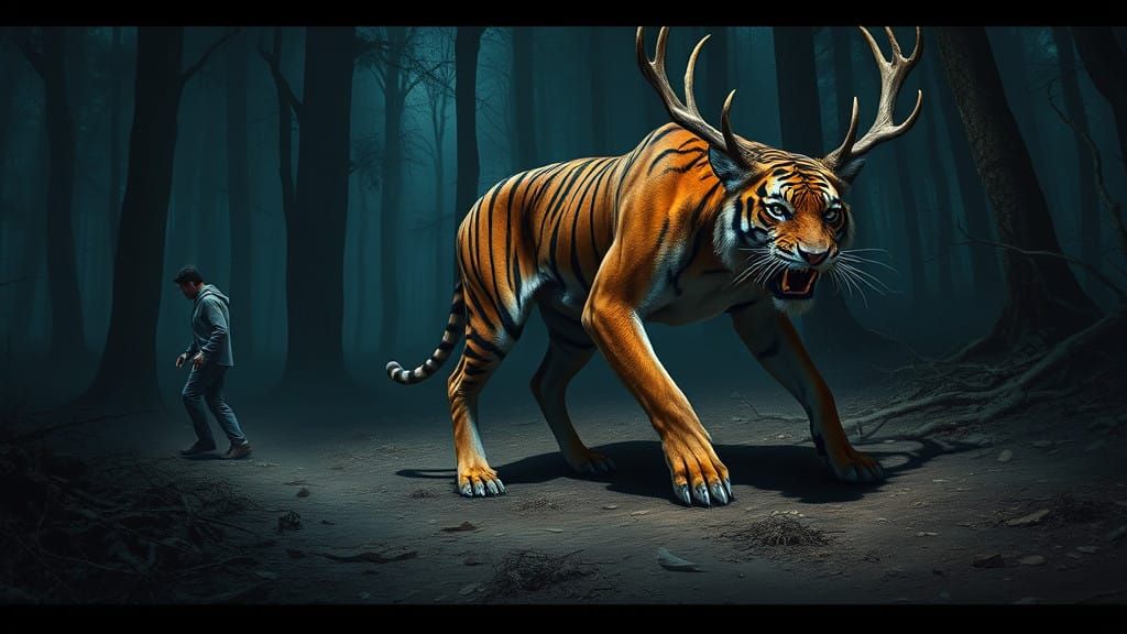 Surreal Tiger-Deer Hybrid Emerges from Dark Forest