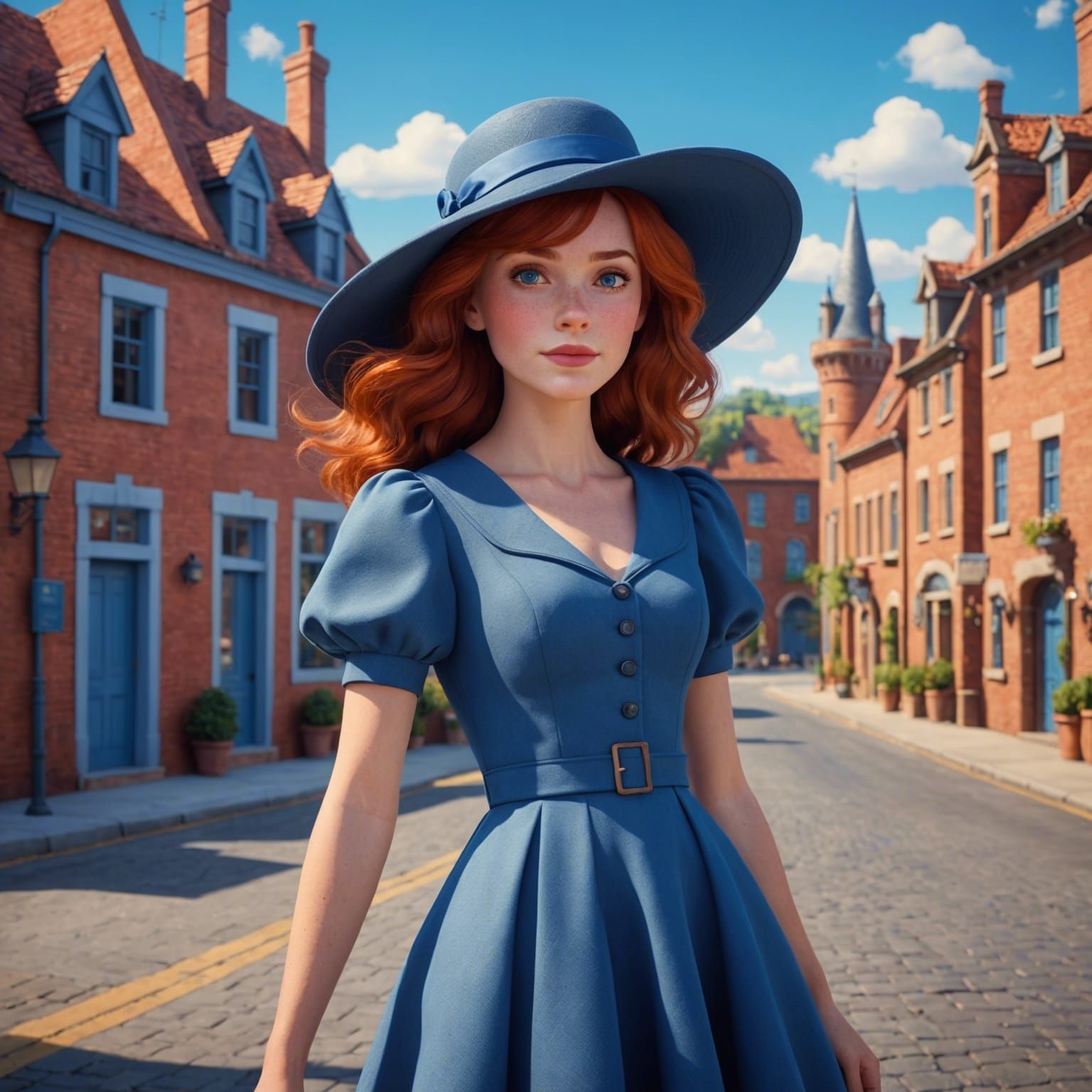 Red-Haired Woman in Blue Hat: 3D Digital Art