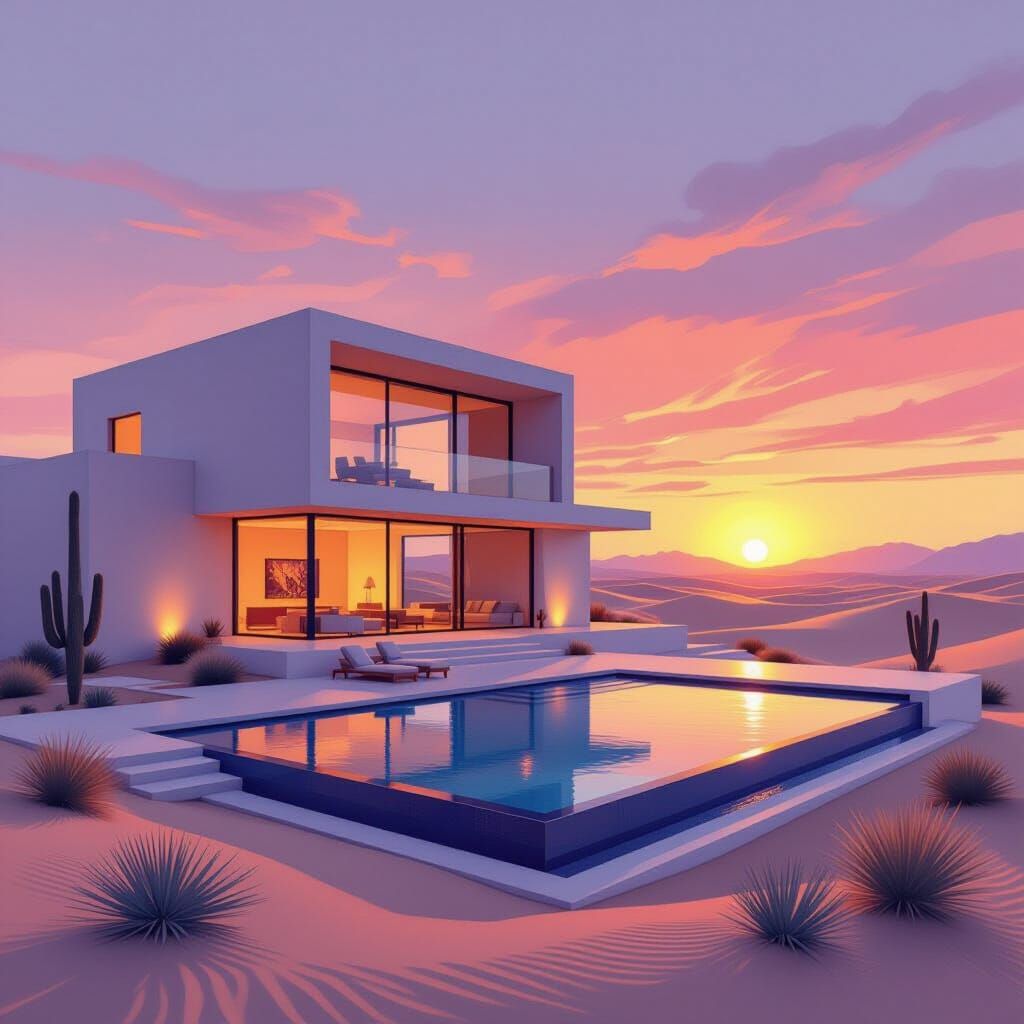Modern Villa in Desert Oasis at Dusk