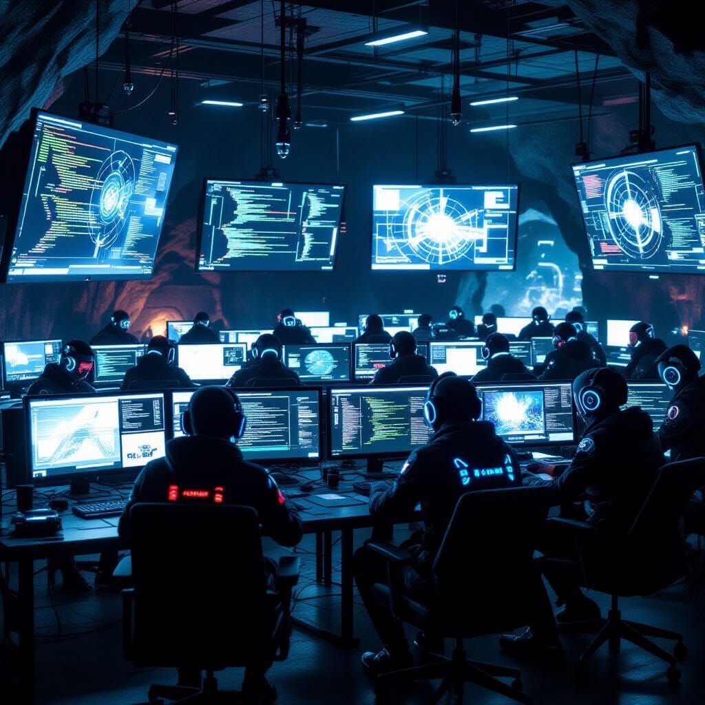 Cybernetic Hackers in Underground Base, Cinematic Film Still