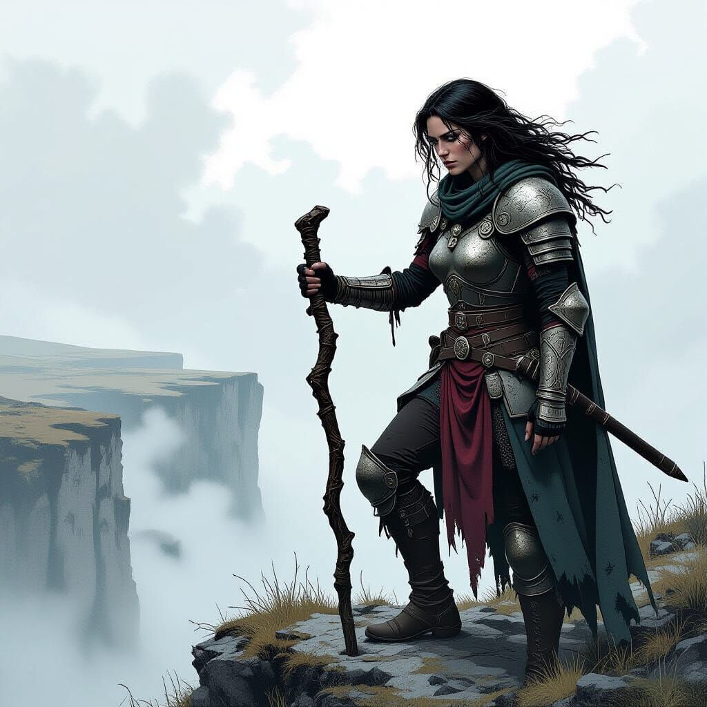 Dark Fantasy Warrior on Windswept Cliff Overlooking Valley