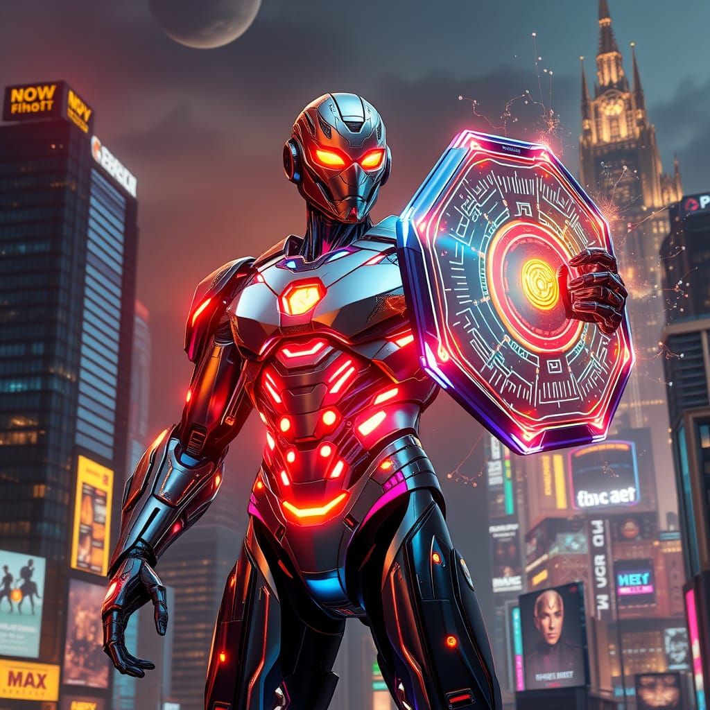 Cyberpunk AI Hero Defies Dark Fortress