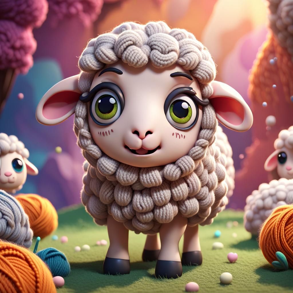 Chibi Knitted Sheep in Pixar-Style 3D Art