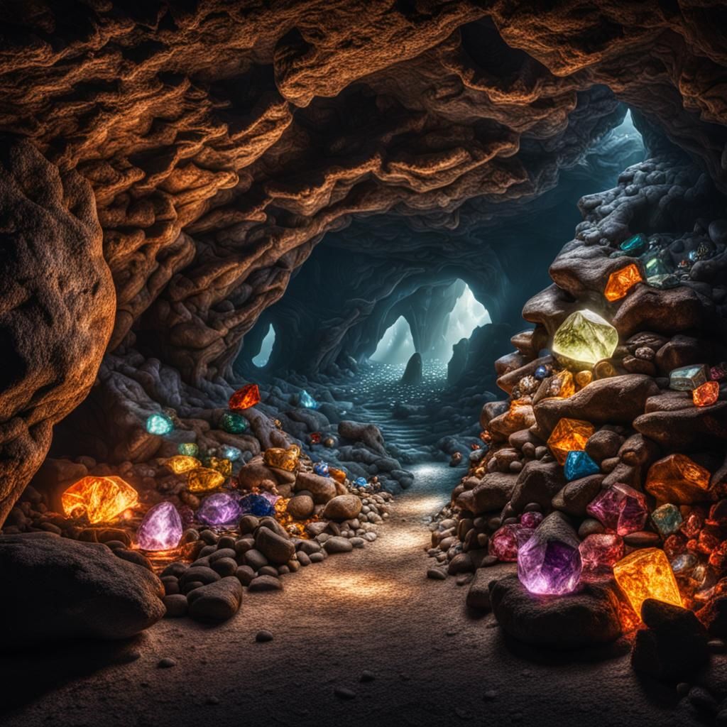 Gem-Filled Cave Interior in Hyperrealistic Detail