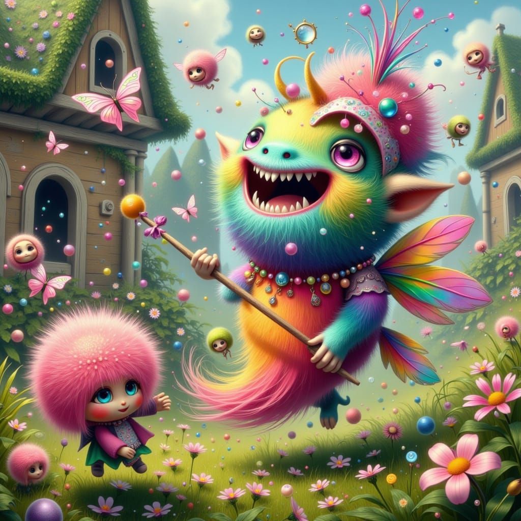 Whimsical Yard Scene in Vibrant Colors and Dynamic Movement