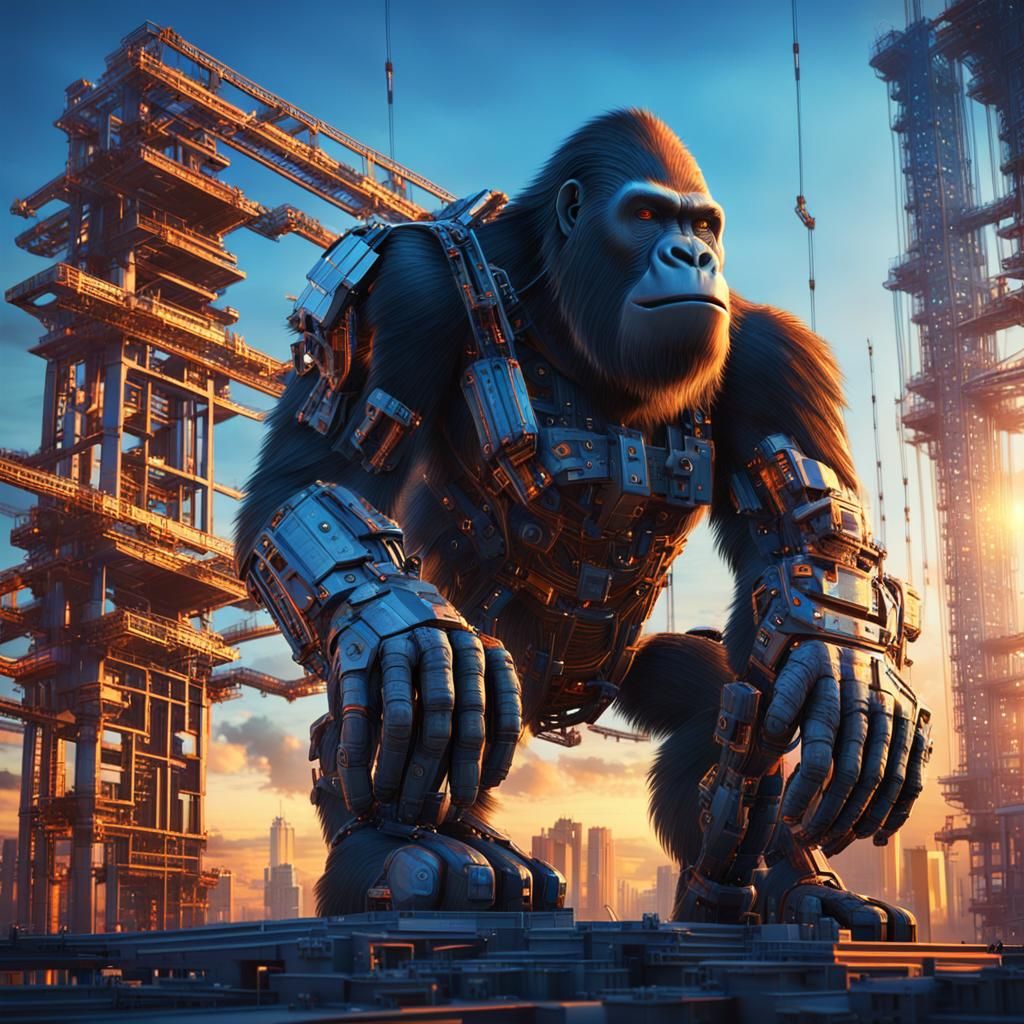 Cybernetic Gorilla Lifts Girders in Sci-Fi Cityscape