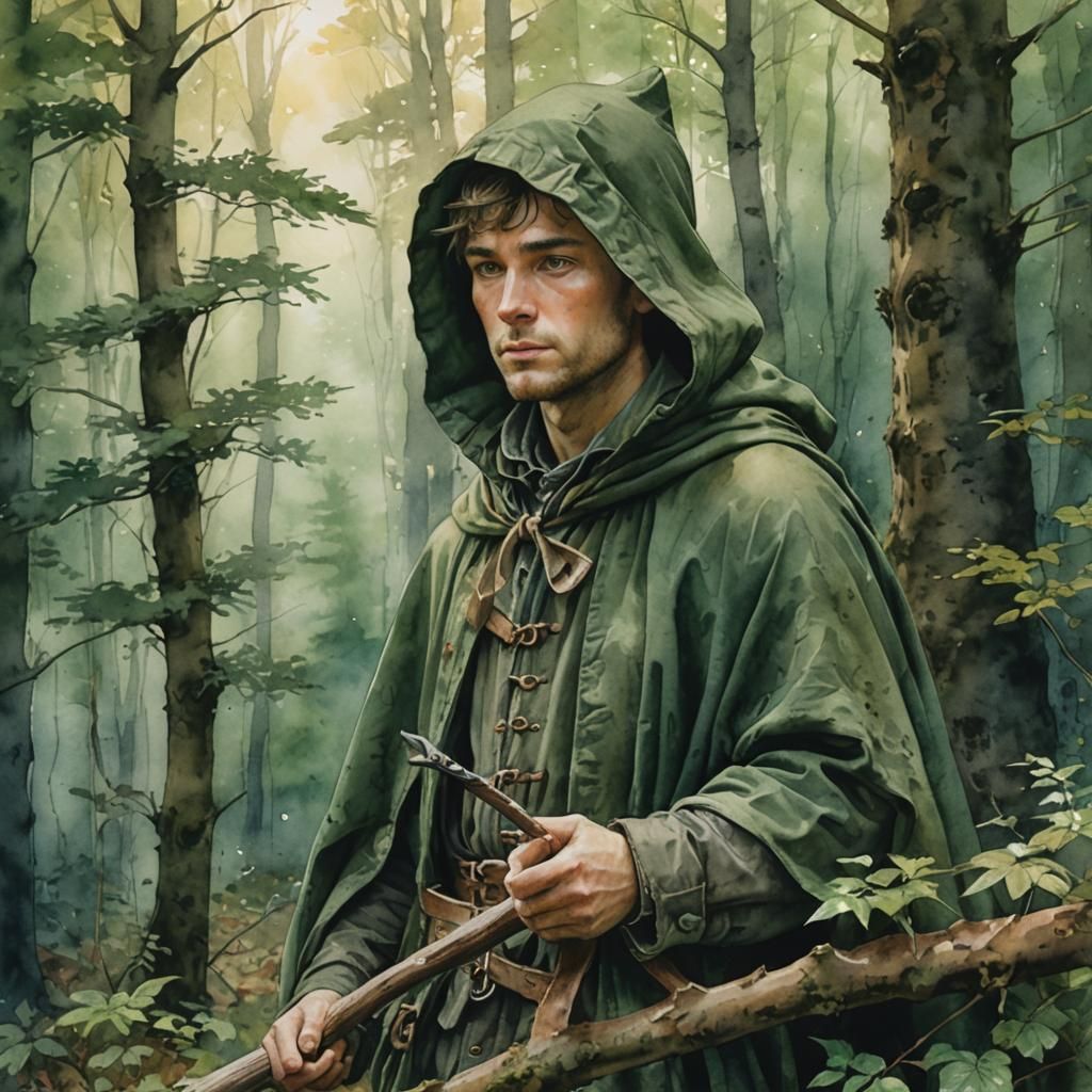 Hunter in Forest Watercolor Painting