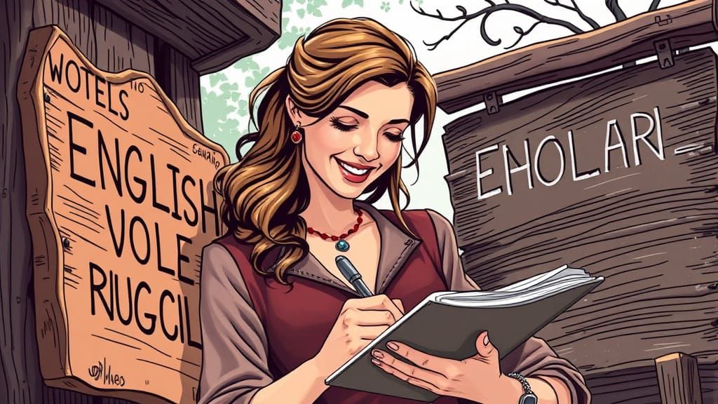 Elegant Teacher Beside Signboard, Expressing Joyful Focus